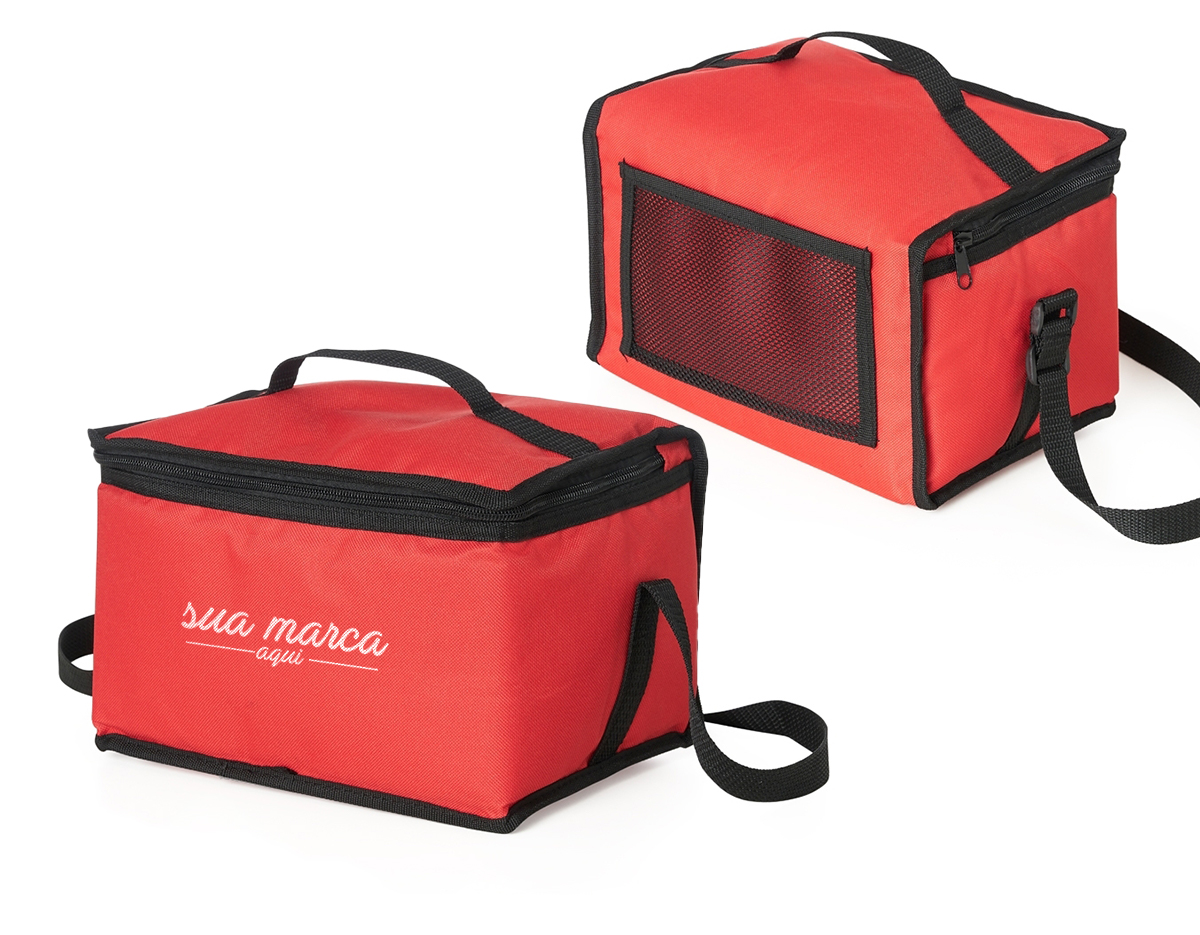Bolsa térmica 8 litros em nylon com bolso traseiro externo de malha, duas alças para mãos, sendo uma delas ajustável.Parte interna com revestimento térmico