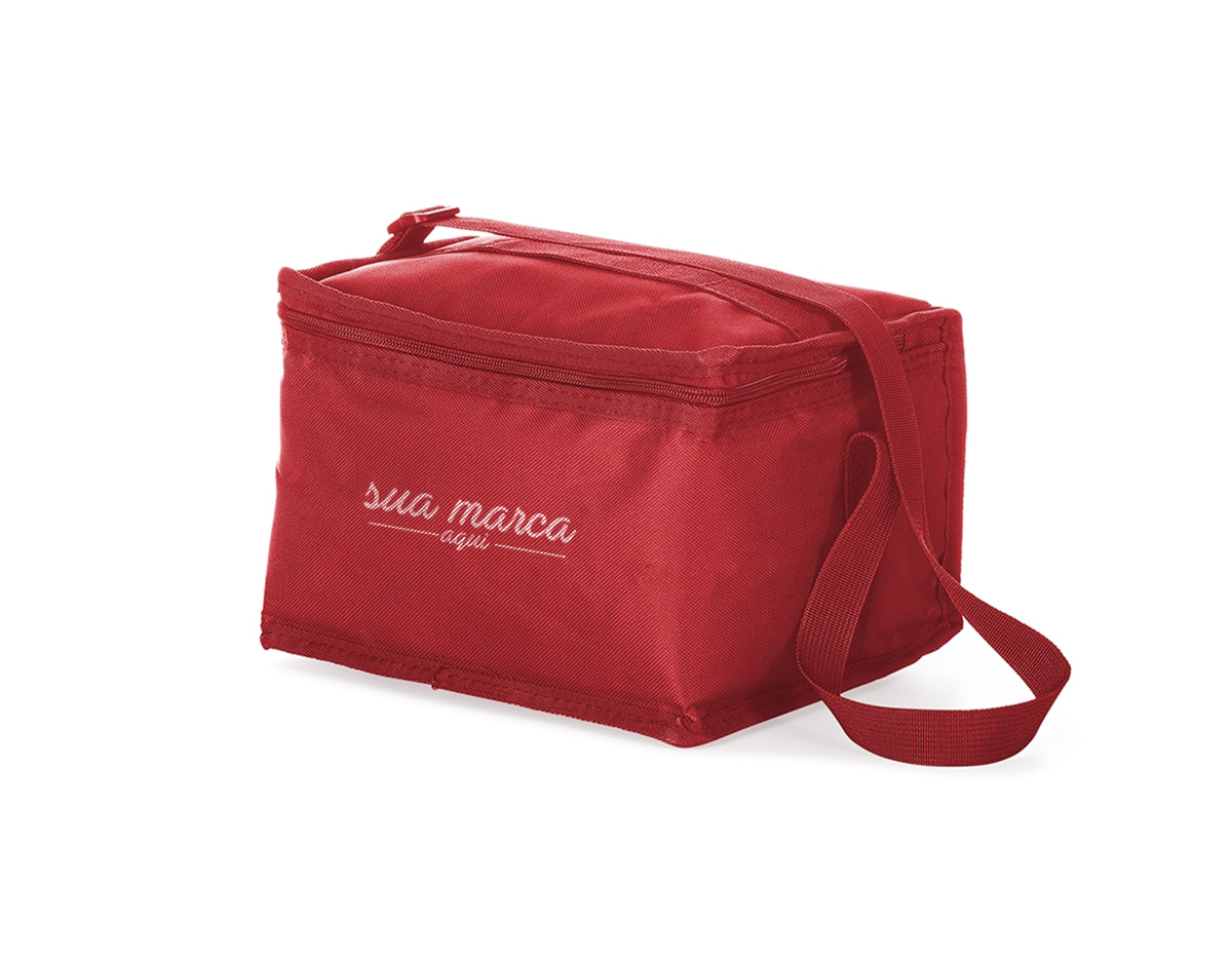 Bolsa térmica 8 litros em nylon com bolso traseiro externo de malha, duas alças para mãos, sendo uma delas ajustável.Parte interna com revestimento térmico