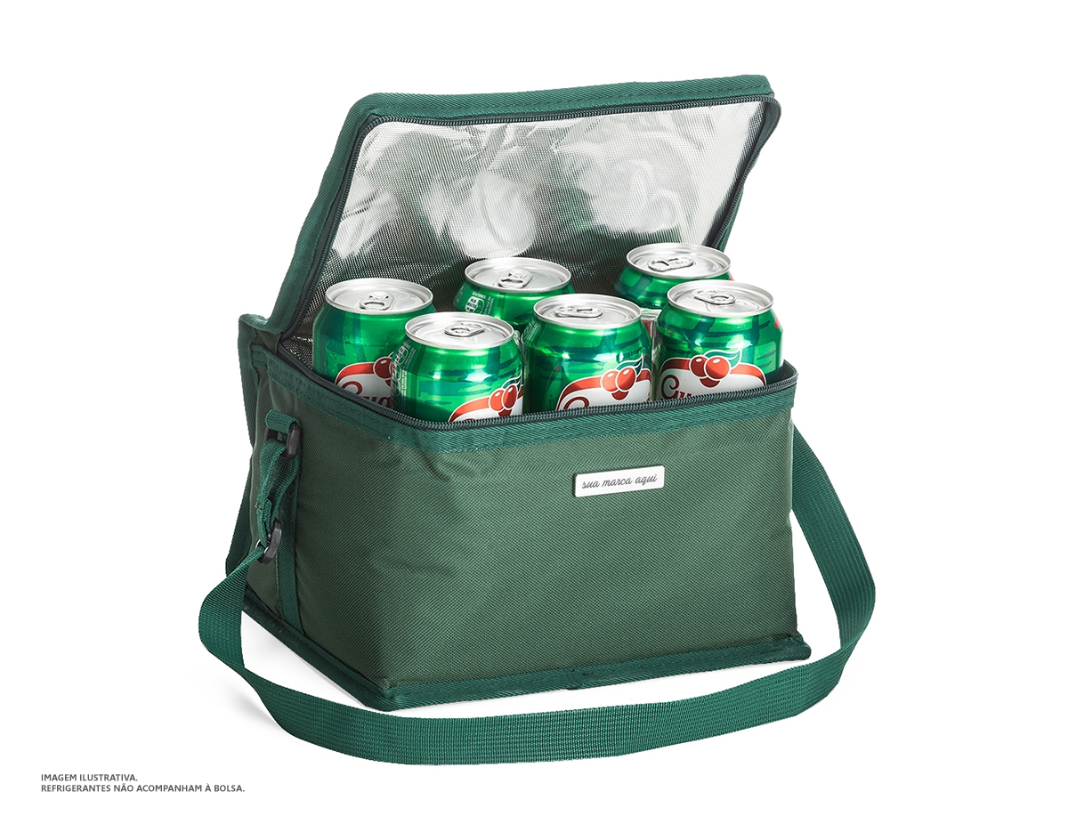 Bolsa térmica 8 litros em nylon com bolso traseiro externo de malha, duas alças para mãos, sendo uma delas ajustável.Parte interna com revestimento térmico