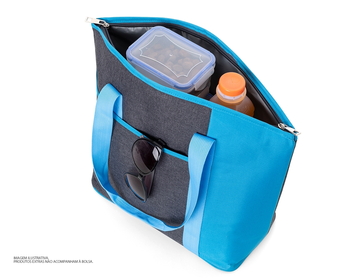Bolsa térmica de poliéster com capacidade de 15 litros, contém área interna com revestimento PEVA, bolso frontal externo e alças de mãos para transporte