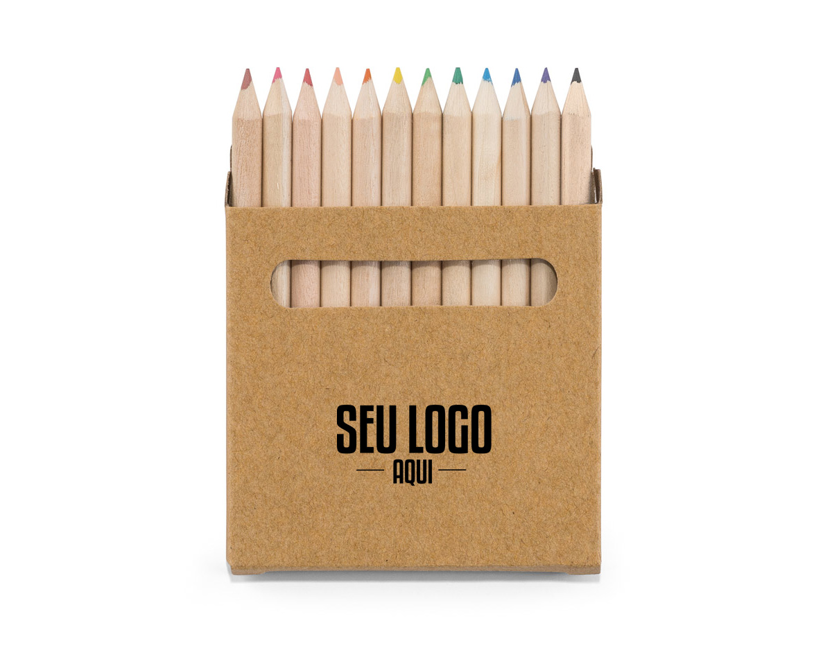 Caixa em papel ecológico com 12 mini lápis de cor. 