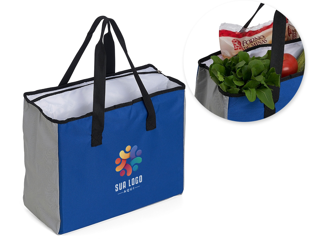 Sacola de poliéster com capacidade para 25 litros com bolso térmico. Contém um pequeno bolso interno de zíper e dois compartimentos principais, sendo um deles térmico e com fechamento de zíper.