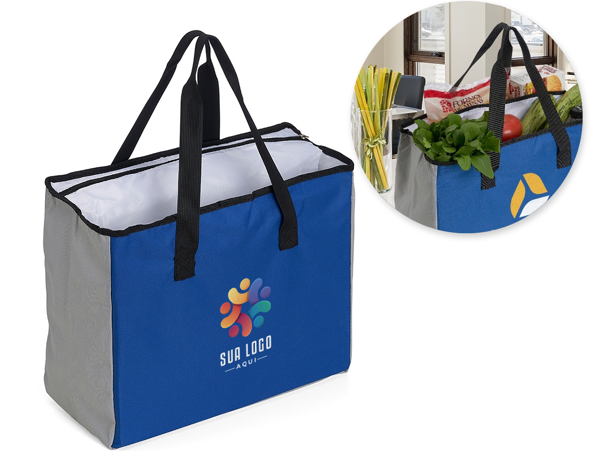 Sacola de poliéster com capacidade para 25 litros com bolso térmico. Contém um pequeno bolso interno de zíper e dois compartimentos principais, sendo um deles térmico e com fechamento de zíper.