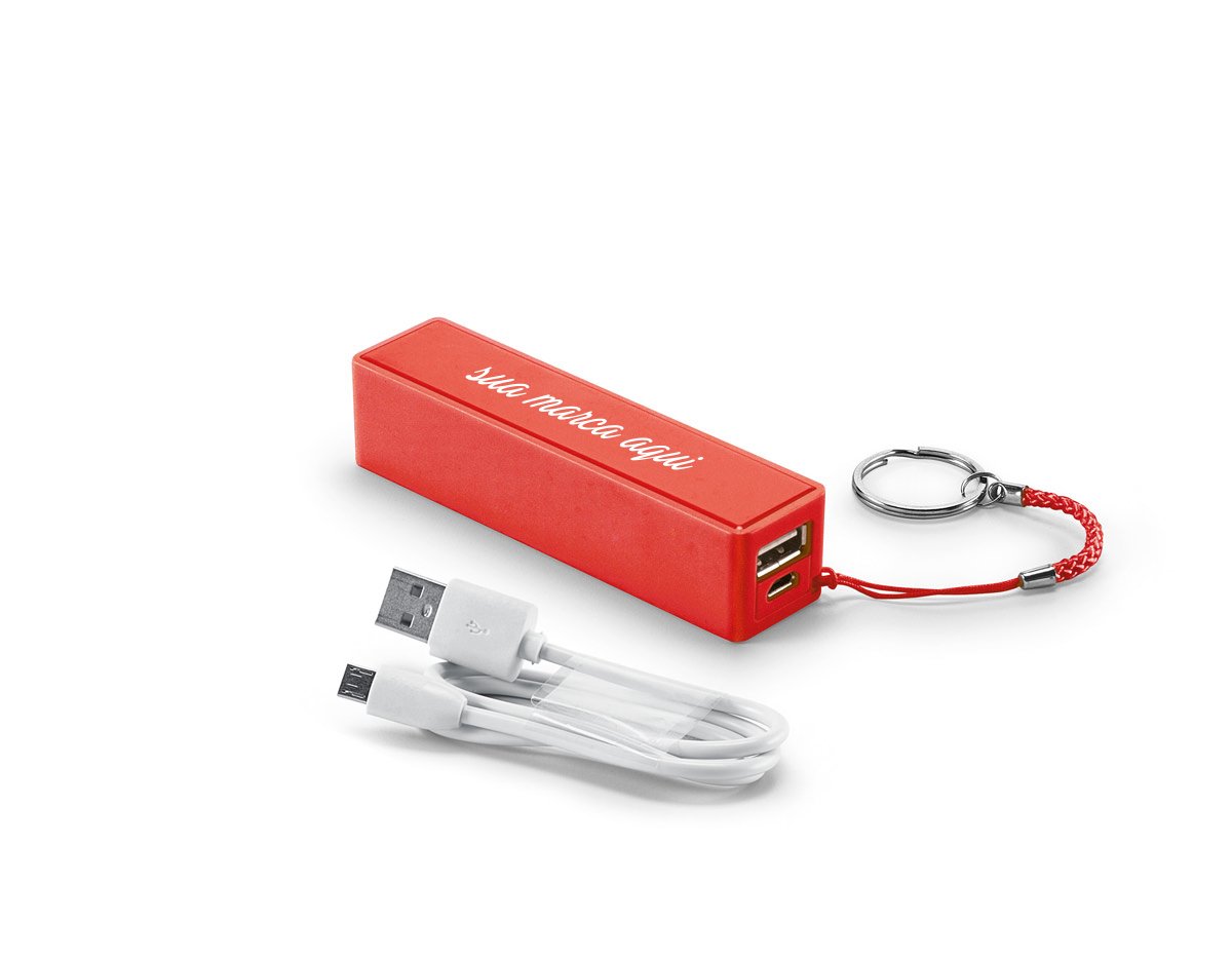 Bateria portátil fabricada em ABS, com célula de lítio de 1.600 mAh e vida útil de aproximadamente 500 ciclos. Conta com uma porta de saída USB-A para carregamento de dispositivos eletrônicos. Acompanha cabo USB para recarga da própria bateria, garantindo praticidade.