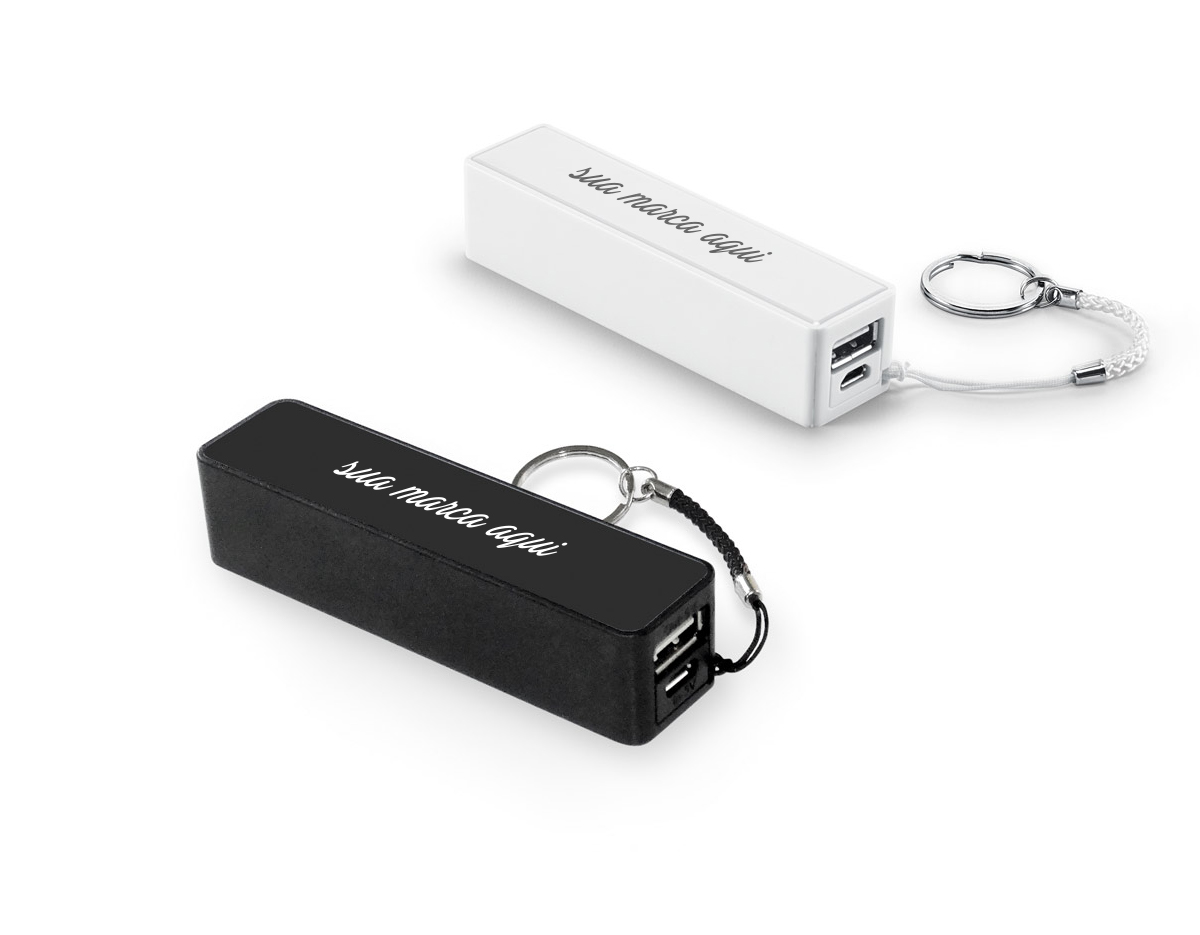 Bateria portátil fabricada em ABS, com célula de lítio de 1.600 mAh e vida útil de aproximadamente 500 ciclos. Conta com uma porta de saída USB-A para carregamento de dispositivos eletrônicos. Acompanha cabo USB para recarga da própria bateria, garantindo praticidade.
