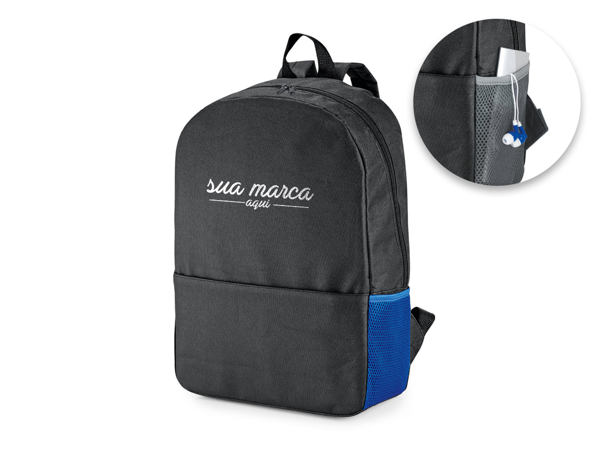 Mochila para notebook em 600D. Compartimento com divisória almofadada para notebook até 15.6''. Bolso lateral em tela e bolso frontal. Parte posterior e alças almofadadas.