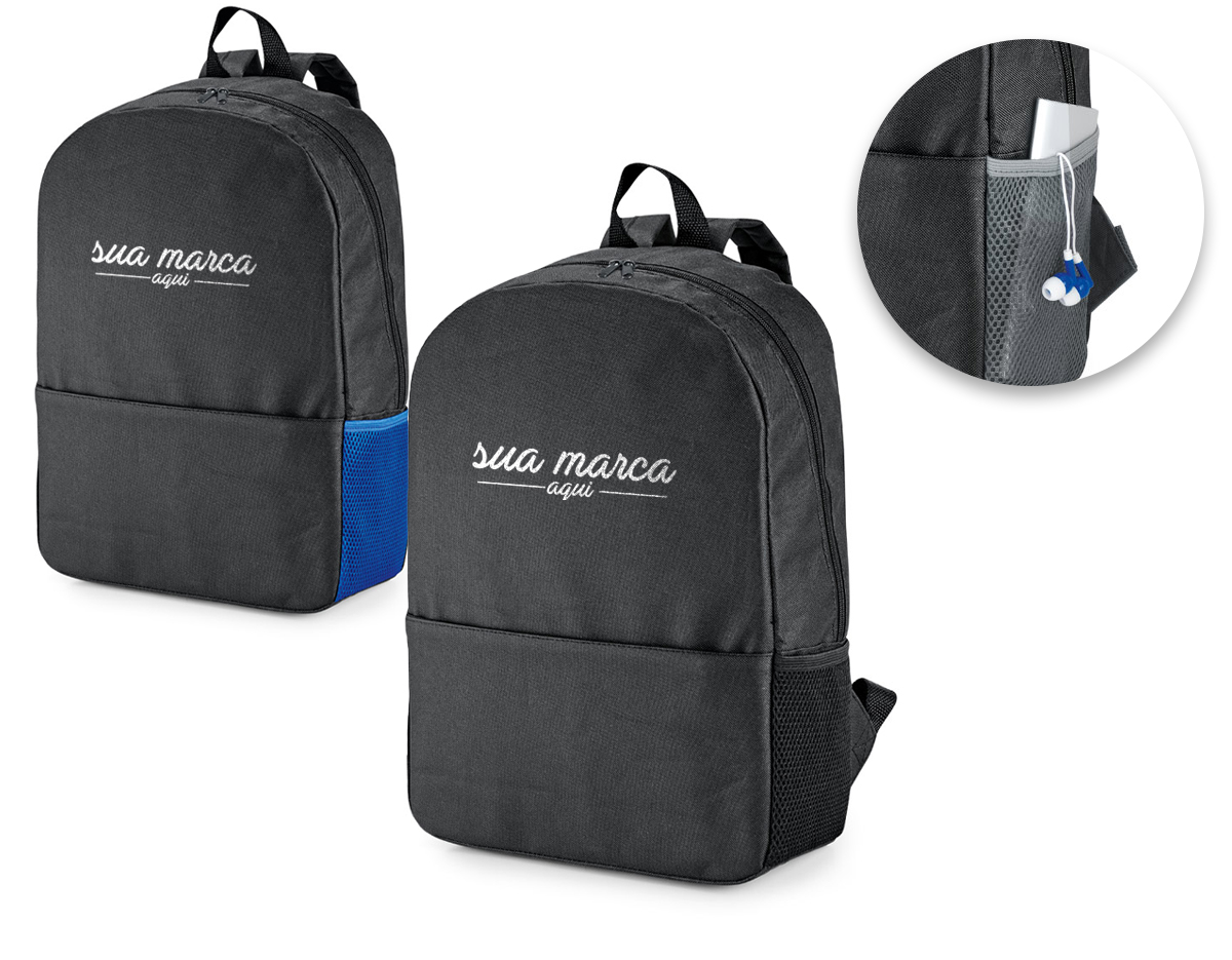 Mochila para notebook em 600D. Compartimento com divisória almofadada para notebook até 15.6''. Bolso lateral em tela e bolso frontal. Parte posterior e alças almofadadas.