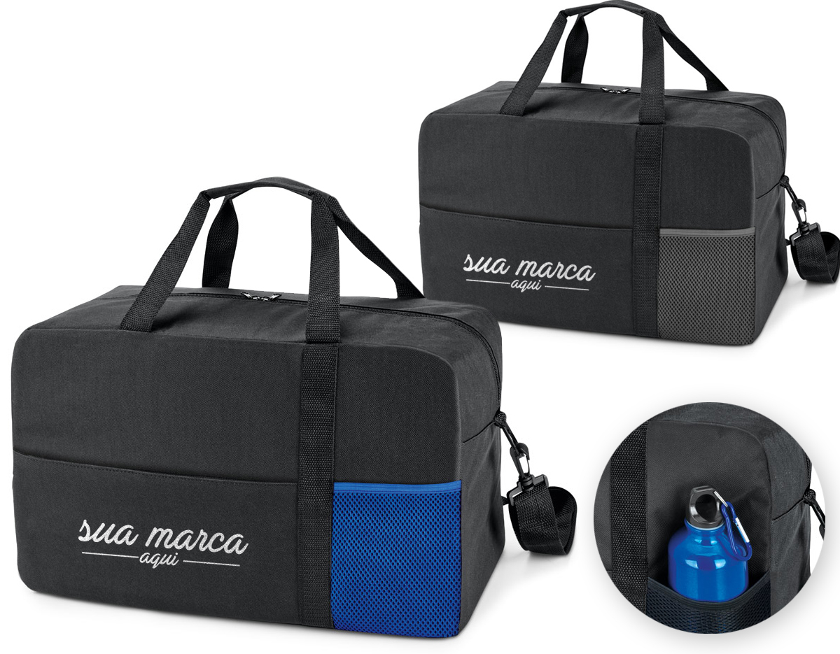 Bolsa esportiva em 600D. Fundo com placa semi-rígida, bolso frontal com zíper e bolso em tela. Alça de ombro ajustável, com reforço