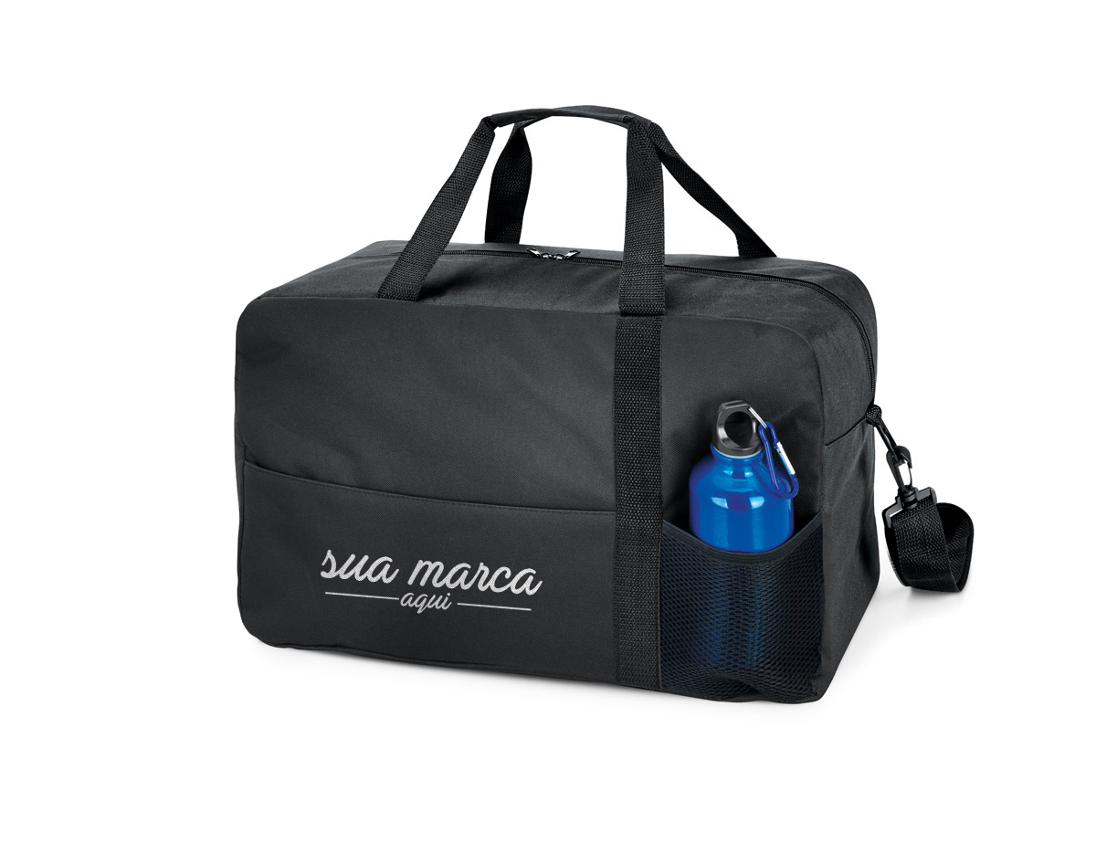 Bolsa esportiva em 600D. Fundo com placa semi-rígida, bolso frontal com zíper e bolso em tela. Alça de ombro ajustável, com reforço