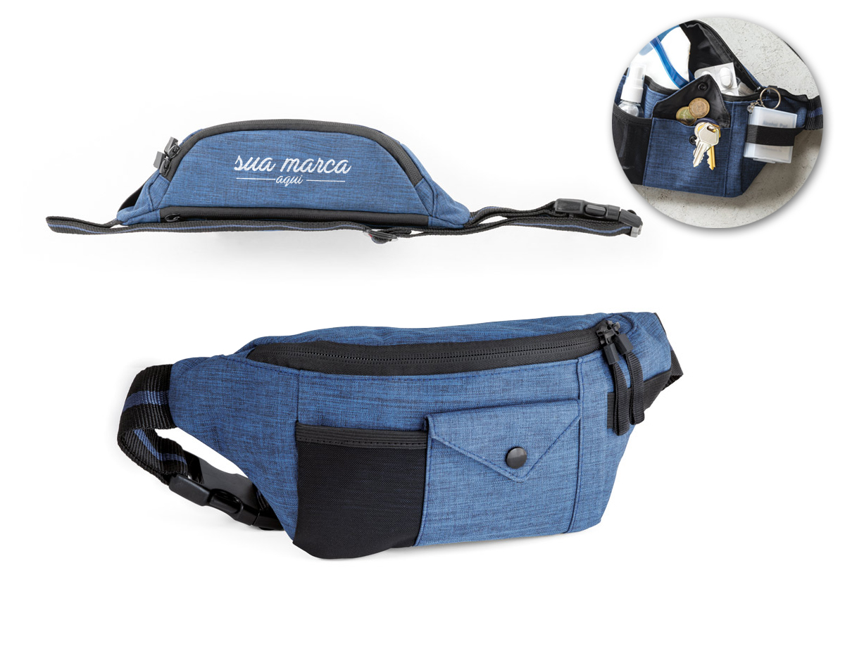 Pochete de alta densidade. Compartimento principal com fecho e bolso interior em rede elástica e bolso na parte posterior de fácil acesso, ideal para guardar os bens com maior segurança. A parte frontal contém um bolso em rede elástica, um bolso com pala, botão para fecho e um elástico na lateral, indicado para pendurar mosquetões ou óculos de sol