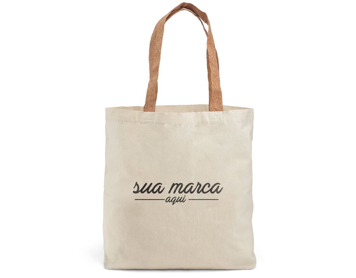 Sacola 100% algodão (180 g/m²) com alças de 60 cm em cortiça e com bolso interior.