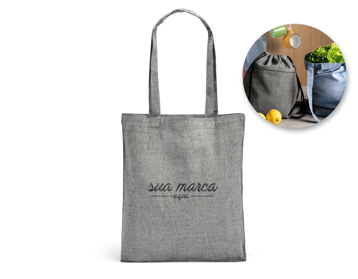 Sacola em algodão reciclado (140 g/m²) com alças de 65 cm