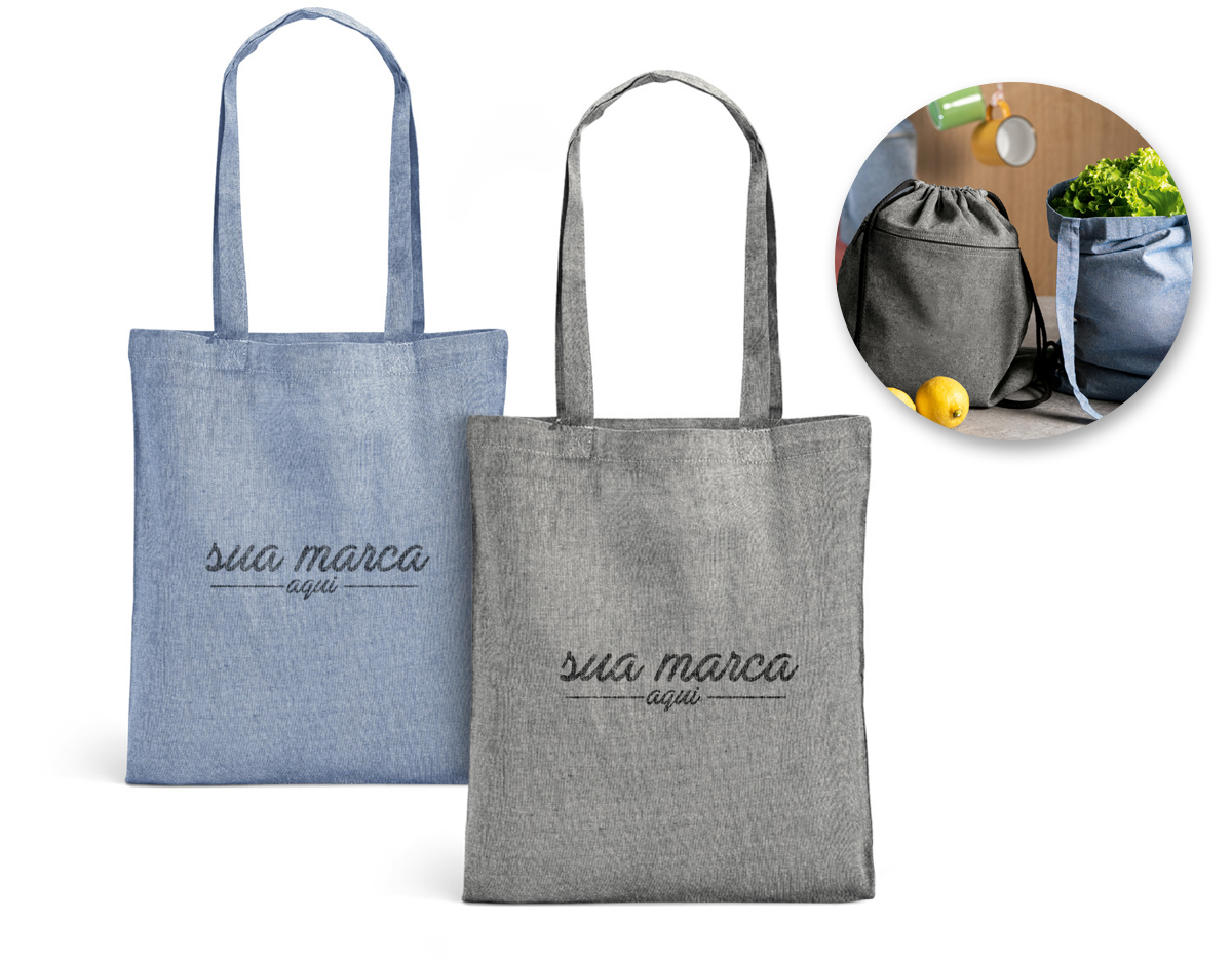 Sacola em algodão reciclado (140 g/m²) com alças de 65 cm