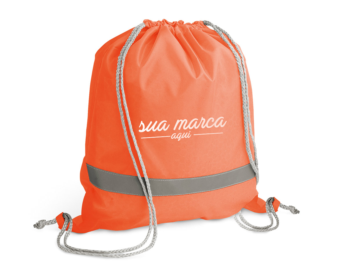 Sacola tipo mochila em 210D, com elementos refletores. Produto promocional. 350 x 400 mm