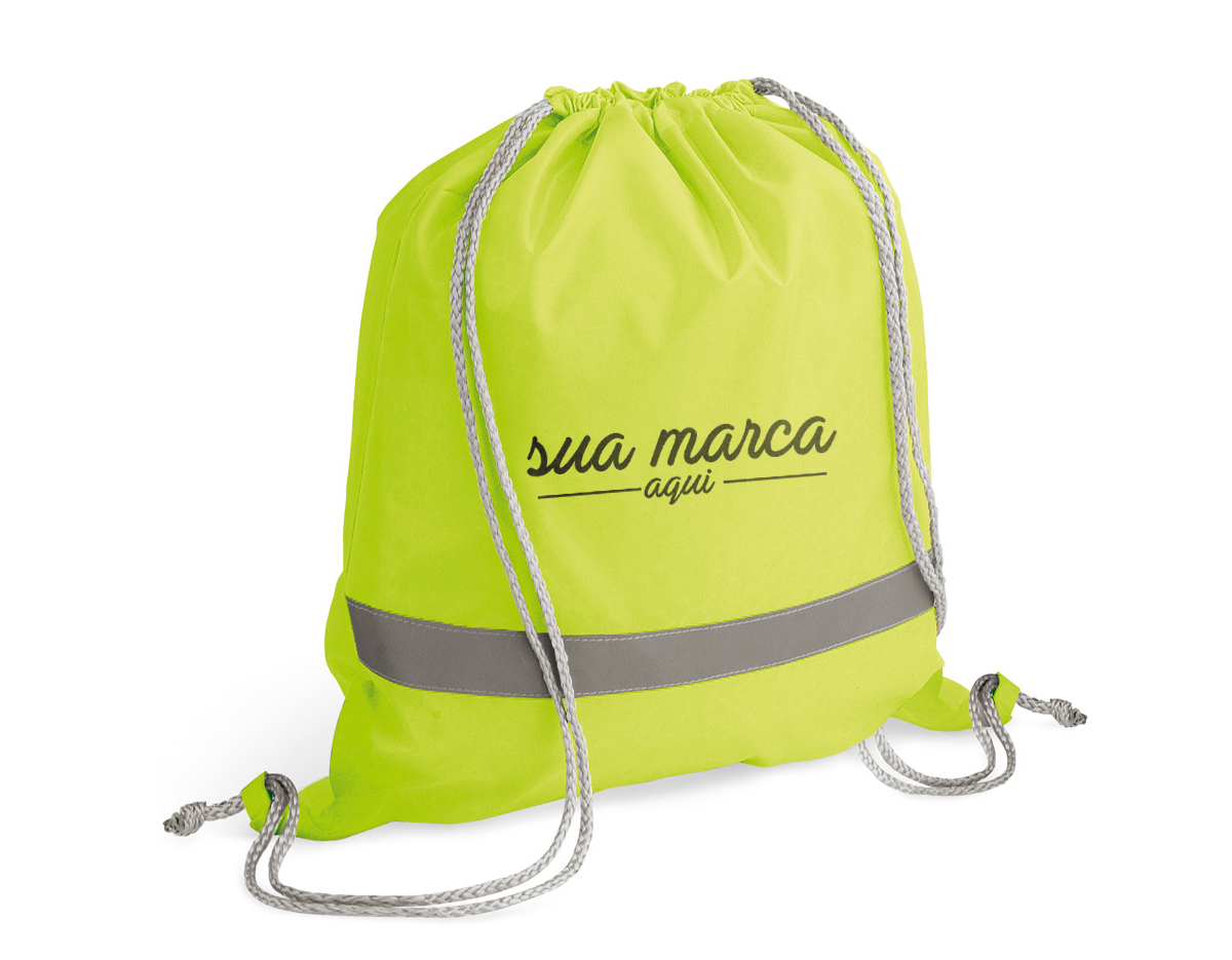 Sacola tipo mochila em 210D, com elementos refletores. Produto promocional. 350 x 400 mm
