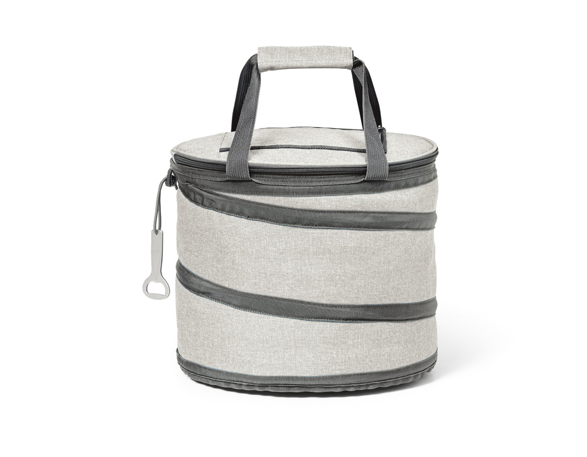 Bolsa térmica flexível em 600D com zíper duplo, interior forrado com PEVA e abridor de garrafas. Bolso superior com zíper, alças em webbing, com reforço e capacidade até 15 L. 300 x 260 mm