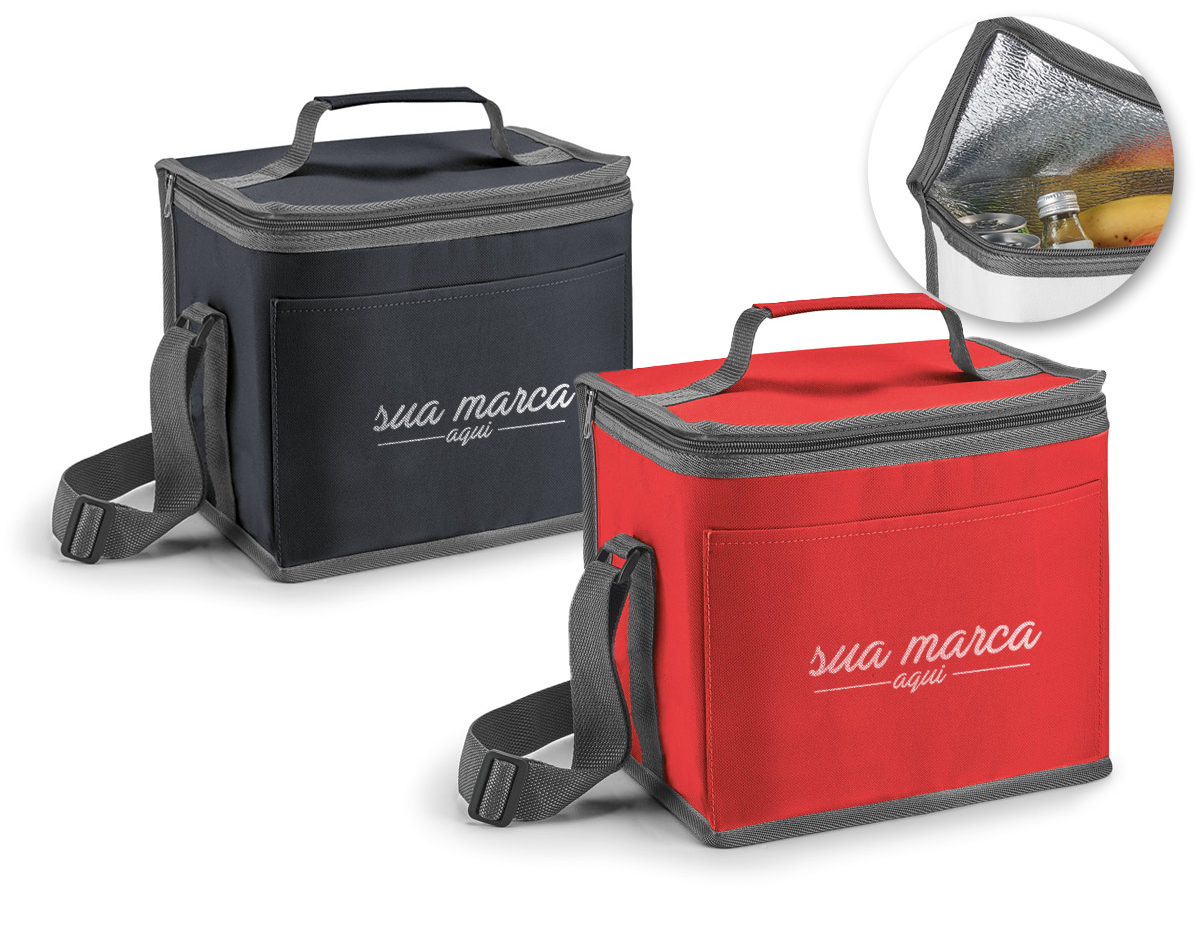 Bolsa térmica em 600D com alça ajustável em webbing, bolso frontal e capacidade até 9 litros. 240 x 220 x 170 mm