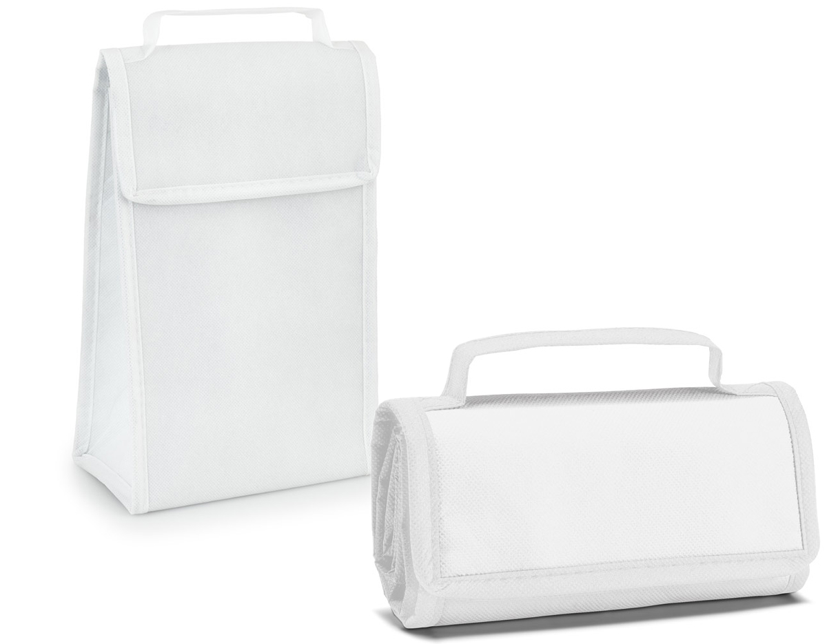 Bolsa térmica dobrável em non-woven (80 g/m²) com fecho em velcro e com capacidade até 3L  Dobrada: 170 x 95 x 40 mm | Aberta: 170 x 265 x 110 mm