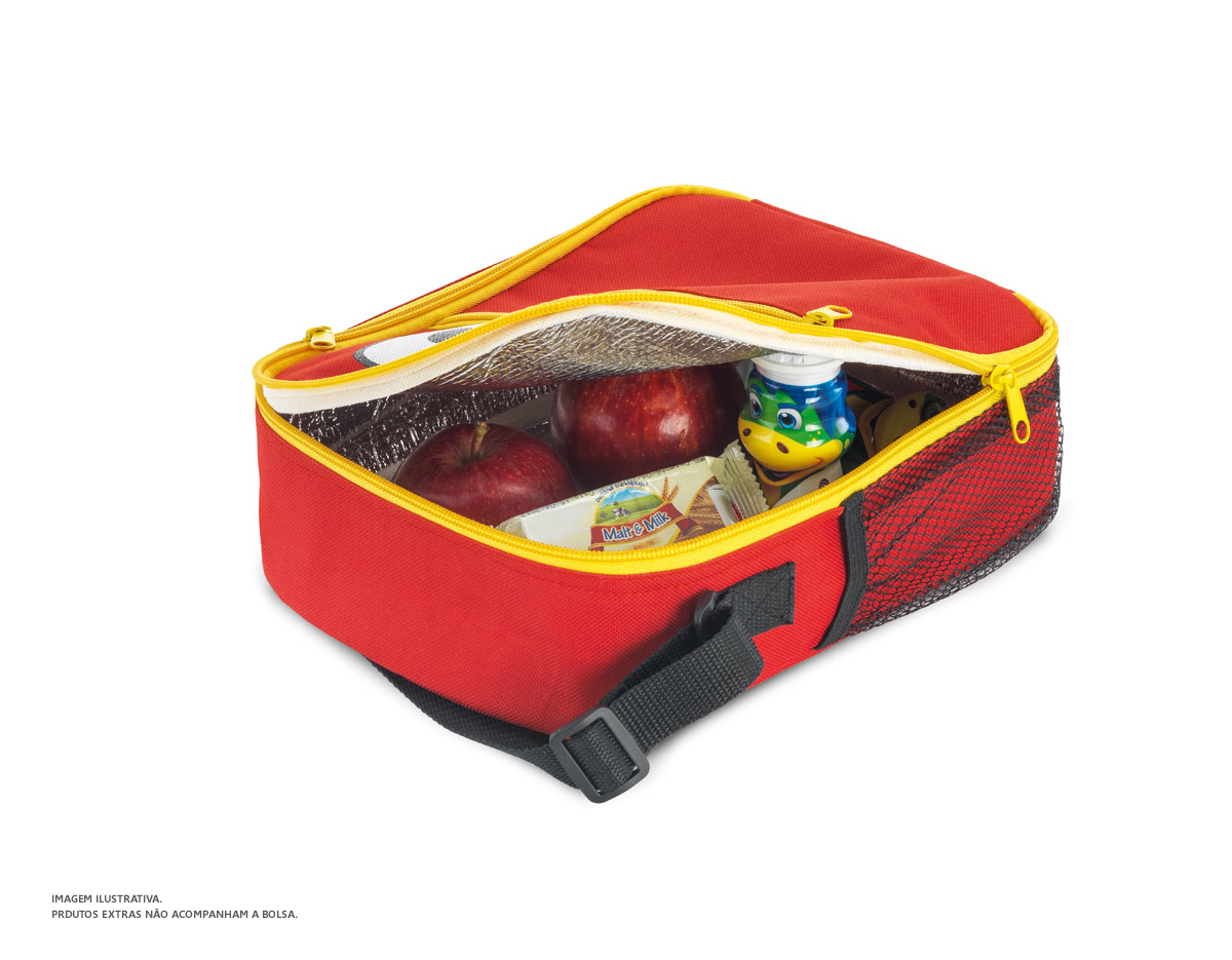 Bolsa térmica para criança em 600D com bolso frontal, fechamento em ziper e bolso lateral em rede. Contém alça ajustável em webbing e tem capacidade até 3 L.190 x 230 x 80 mm