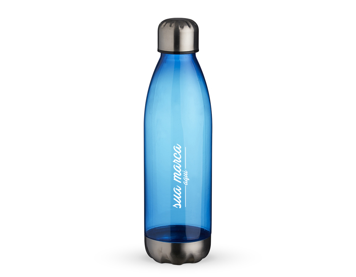 Squeeze plástico 700ml formato garrafa. Corpo transparente colorido, possui tampa e base em alumínio.