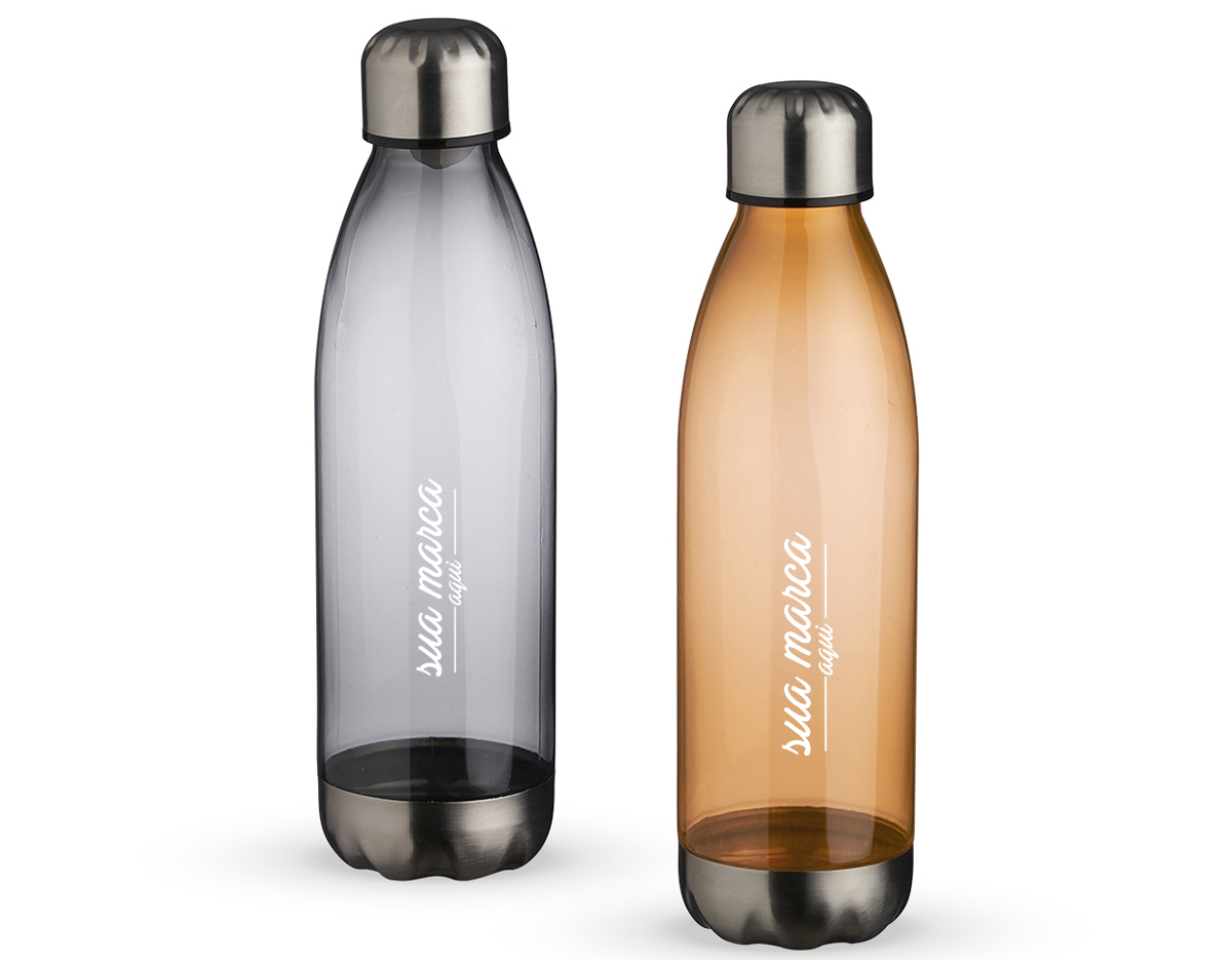 Squeeze plástico 700ml formato garrafa. Corpo transparente colorido, possui tampa e base em alumínio.