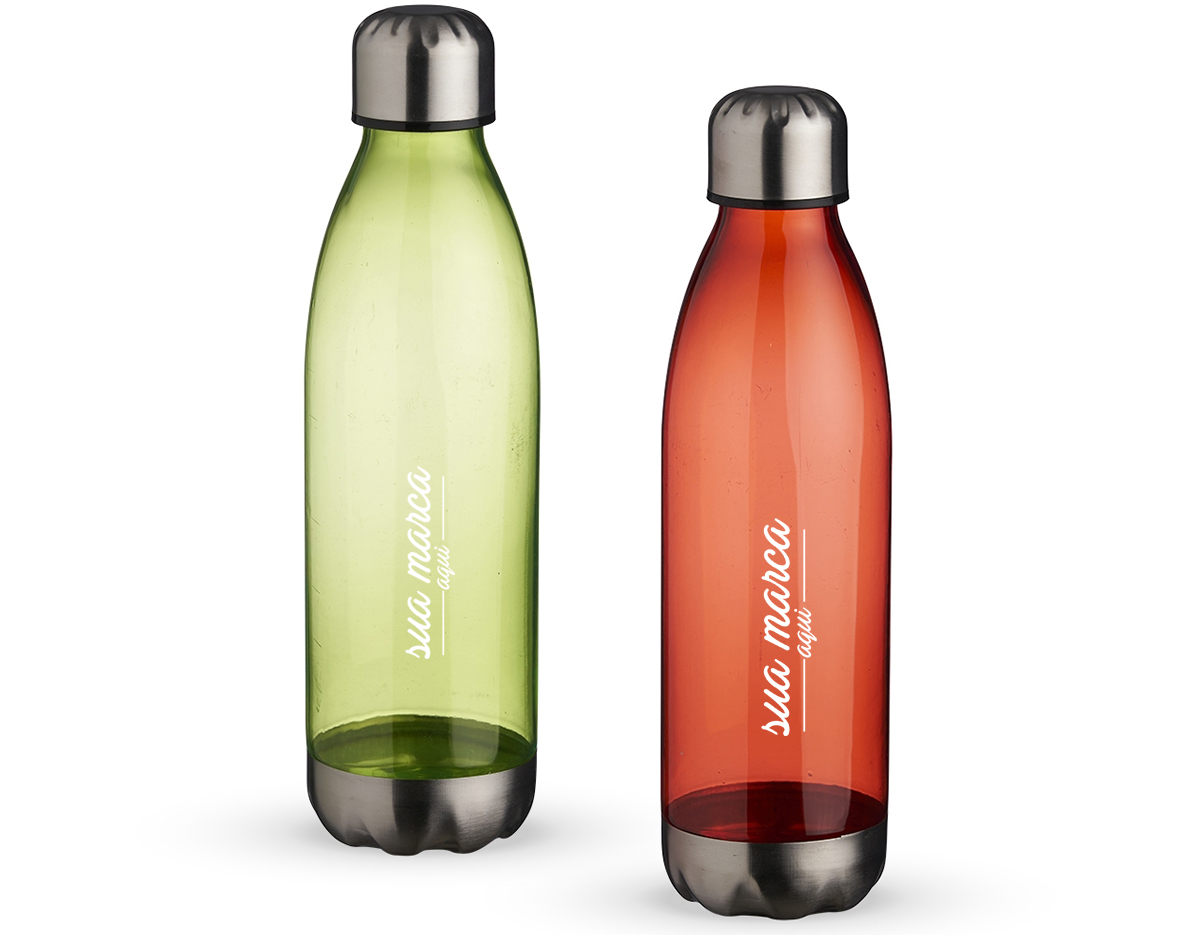 Squeeze plástico 700ml formato garrafa. Corpo transparente colorido, possui tampa e base em alumínio.