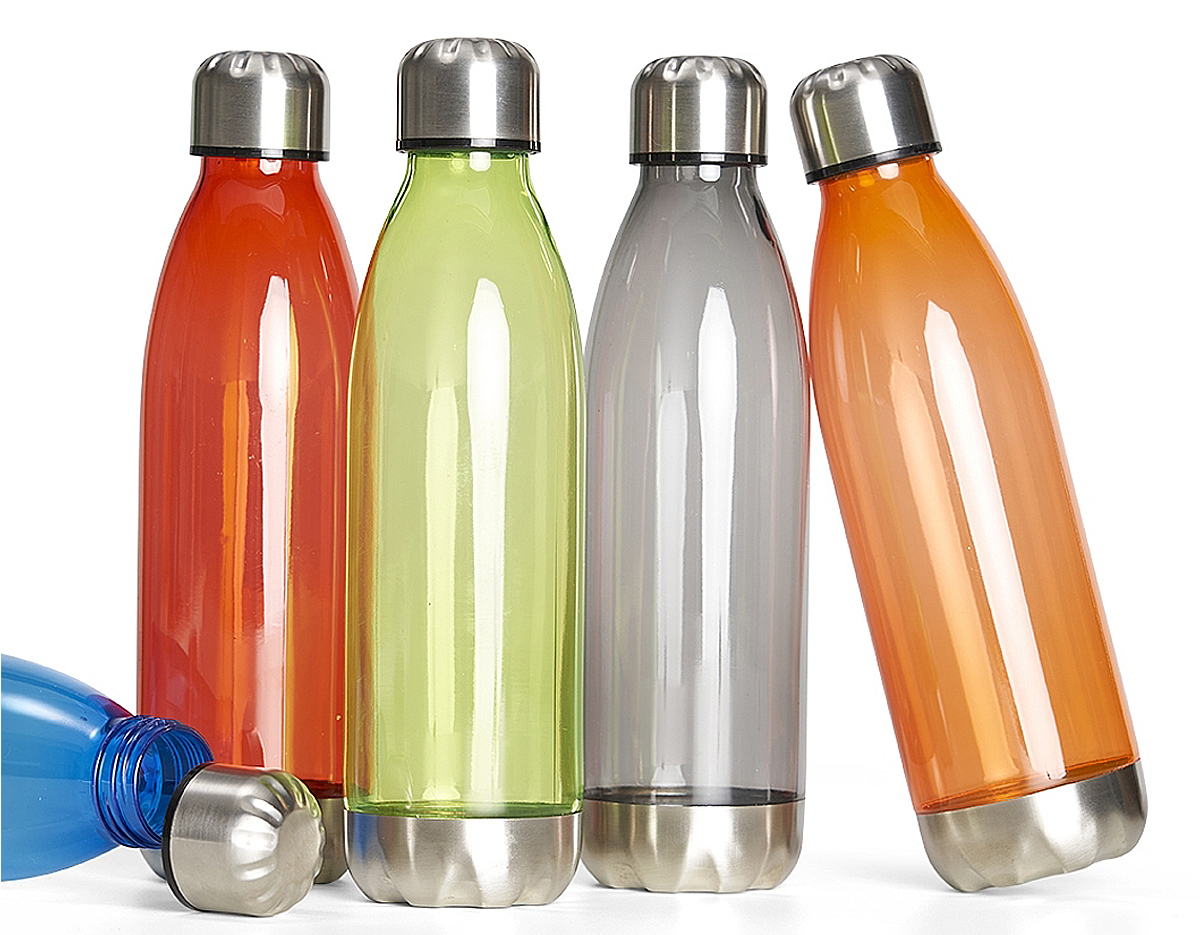 Squeeze plástico 700ml formato garrafa. Corpo transparente colorido, possui tampa e base em alumínio.