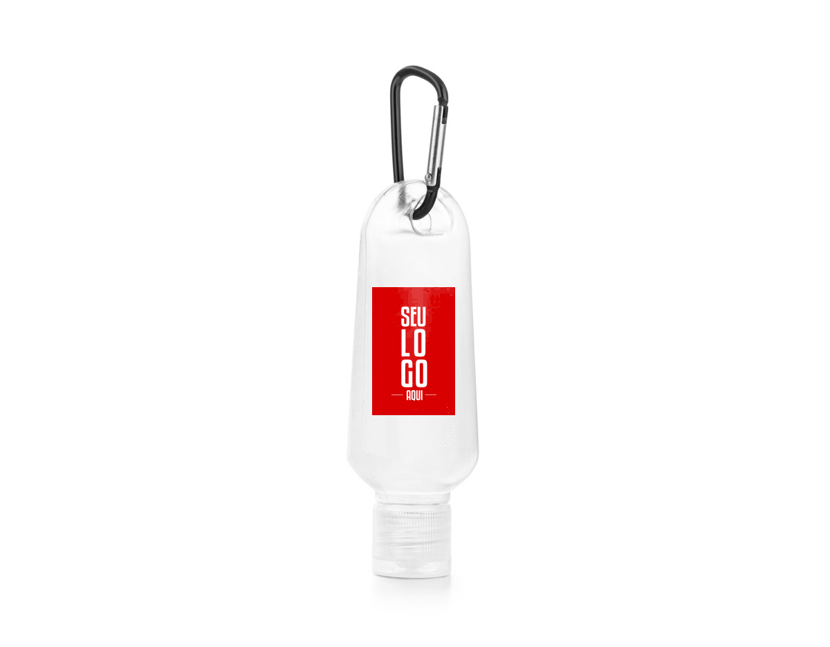 Frasco PETG de 50 ml com tampa flip top e mosquetão. Indicado para colocar álcool gel