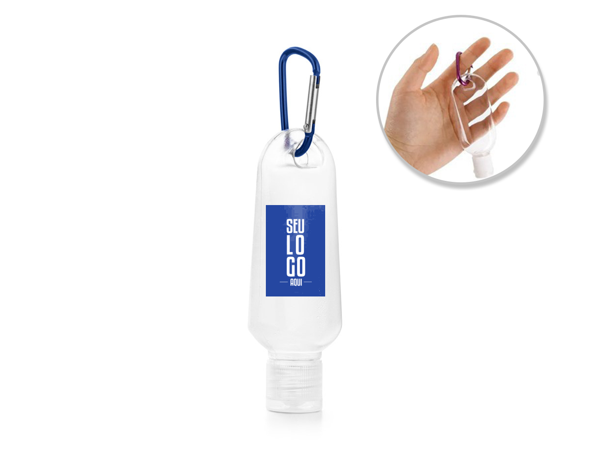 Frasco PETG de 50 ml com tampa flip top e mosquetão. Indicado para colocar álcool gel
