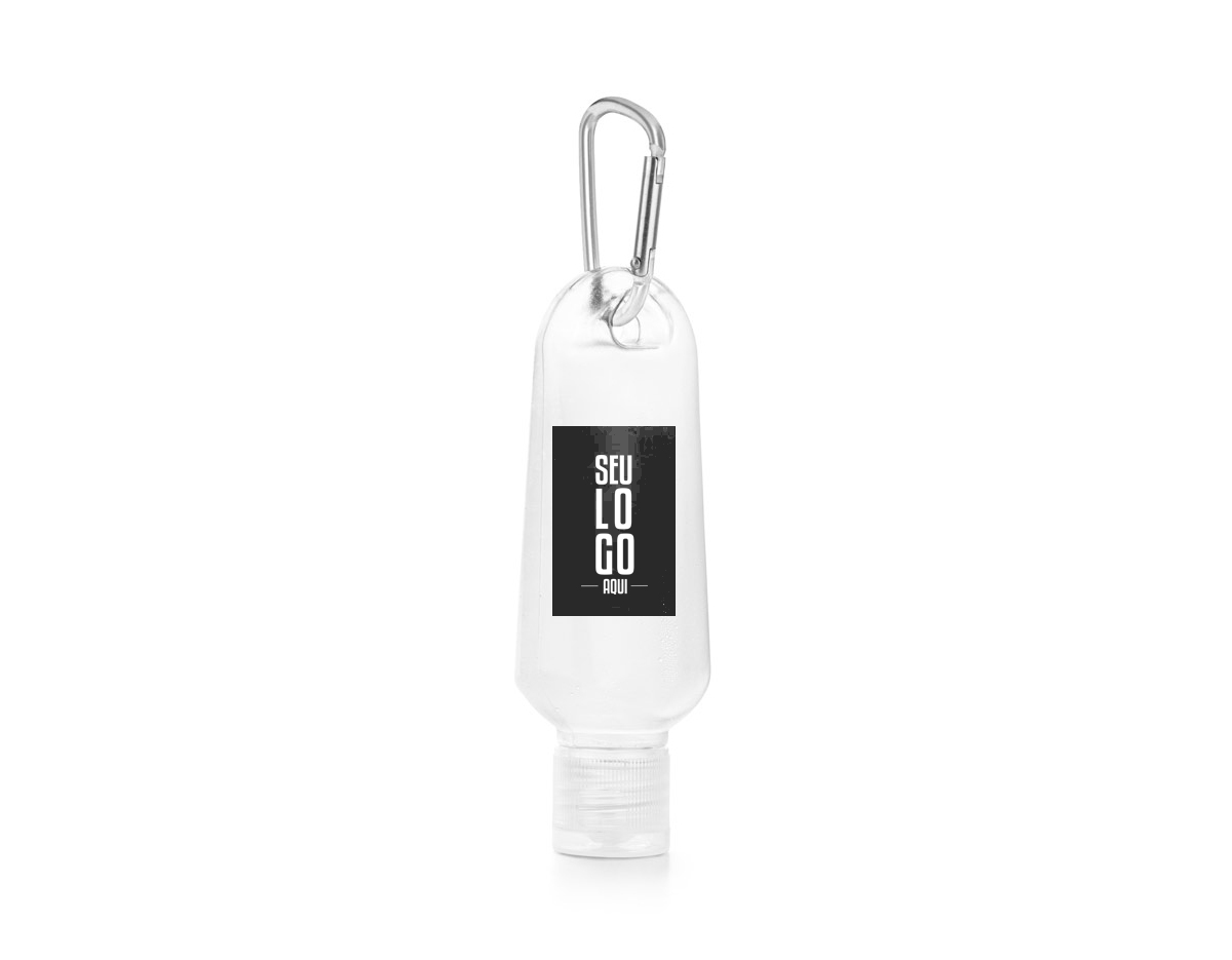Frasco PETG de 50 ml com tampa flip top e mosquetão. Indicado para colocar álcool gel