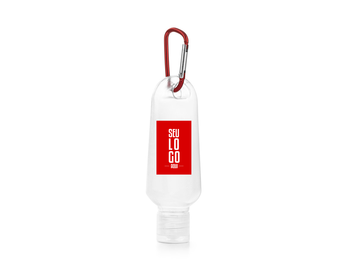 Frasco PETG de 50 ml com tampa flip top e mosquetão. Indicado para colocar álcool gel