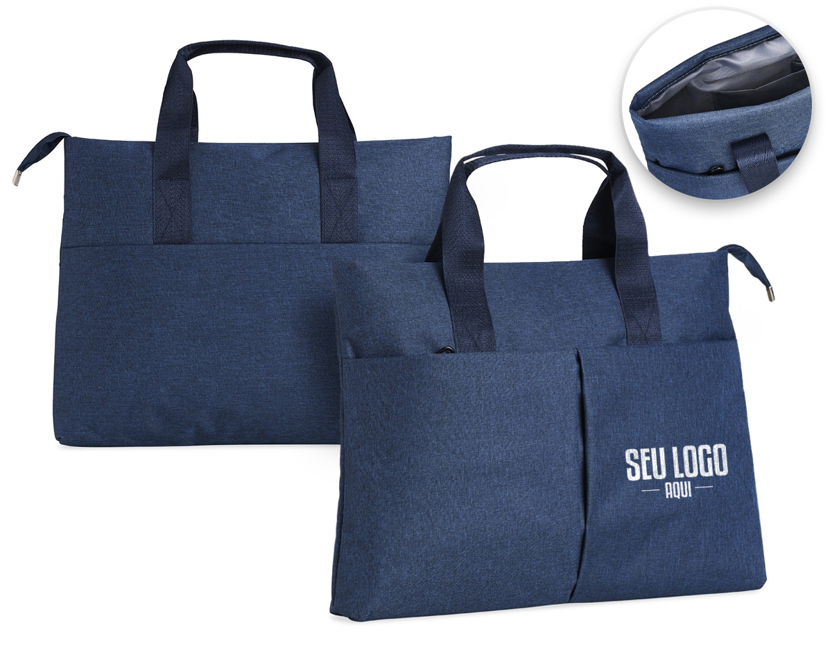 Pasta para notebook 15 em poliéster resistente à água com dois compartimentos, sendo o principal para notebook com bolsos internos e um compartimento frontal.