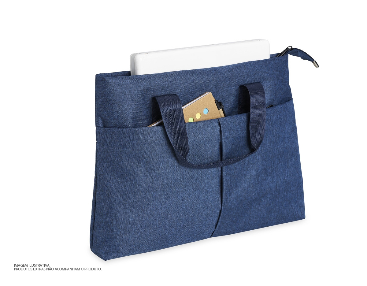 Pasta para notebook 15 em poliéster resistente à água com dois compartimentos, sendo o principal para notebook com bolsos internos e um compartimento frontal.