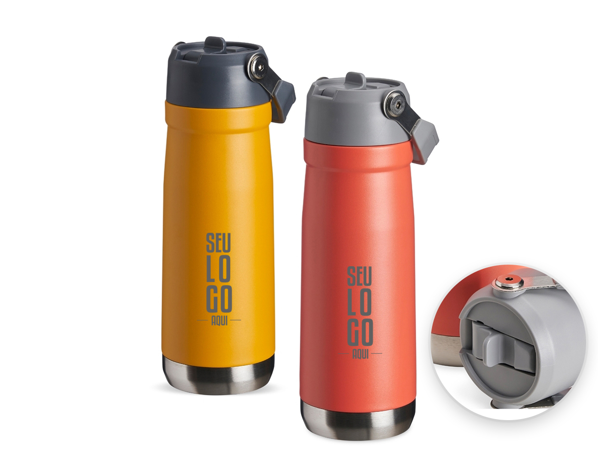 Garrafa térmica de parede dupla em inox, capacidade de 650ml. Tampa com alça de transporte, bico flip e canudo interno.