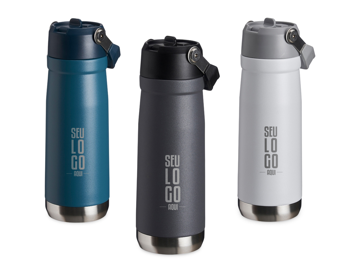 Garrafa térmica de parede dupla em inox, capacidade de 650ml. Tampa com alça de transporte, bico flip e canudo interno.
