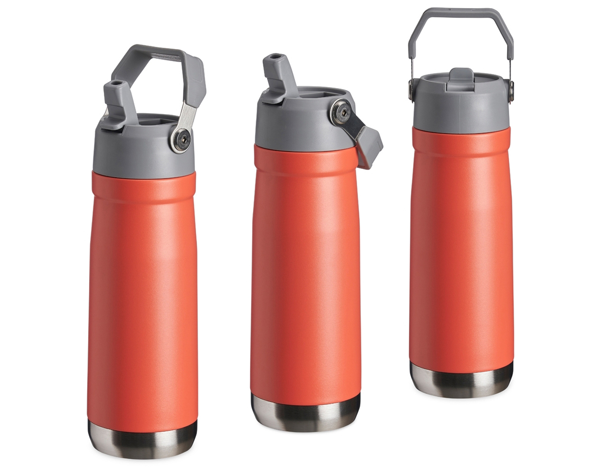 Garrafa térmica de parede dupla em inox, capacidade de 650ml. Tampa com alça de transporte, bico flip e canudo interno.