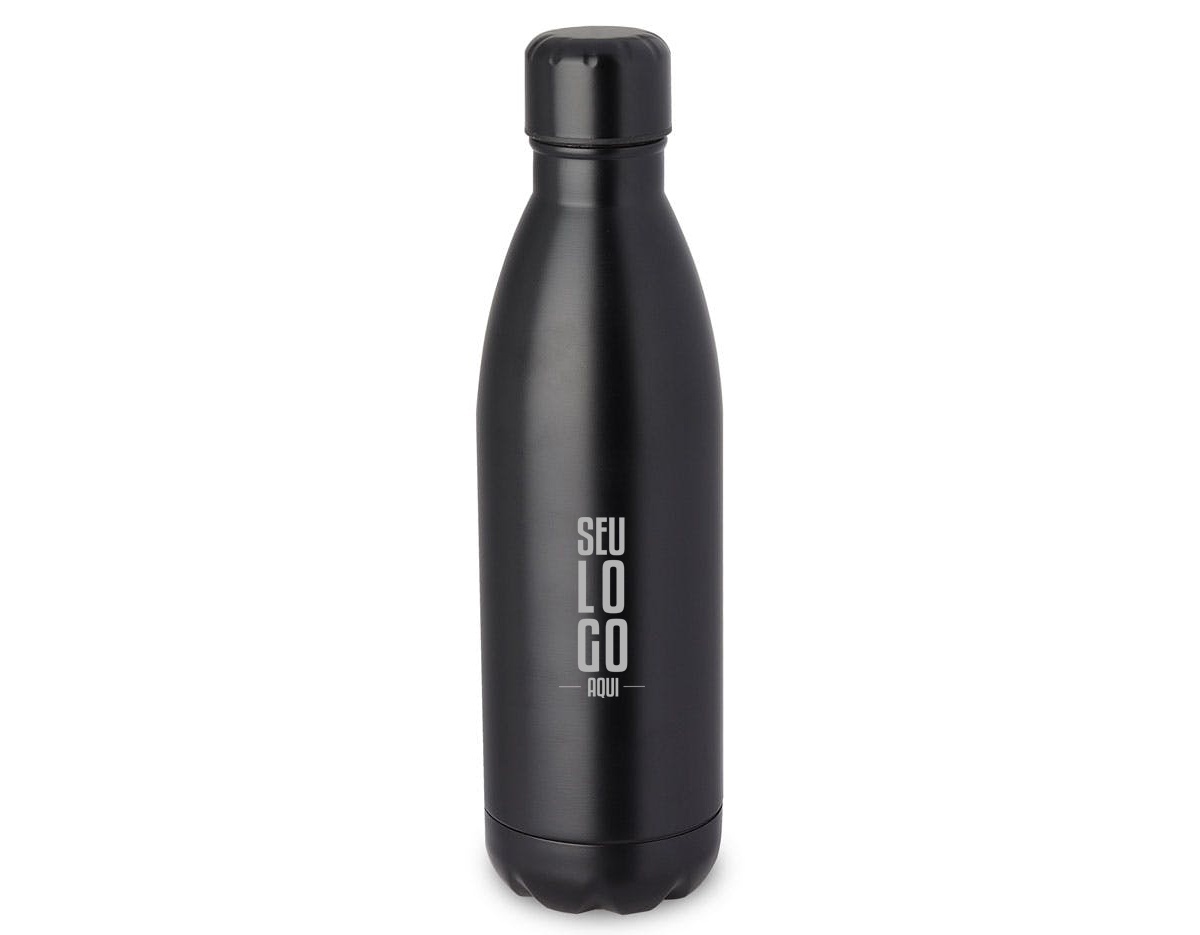 squeeze fosca em aço inox com capacidade de até 750 ml. Tampa rosqueável e anel de silicone para vedação. Design com frisos na tampa.