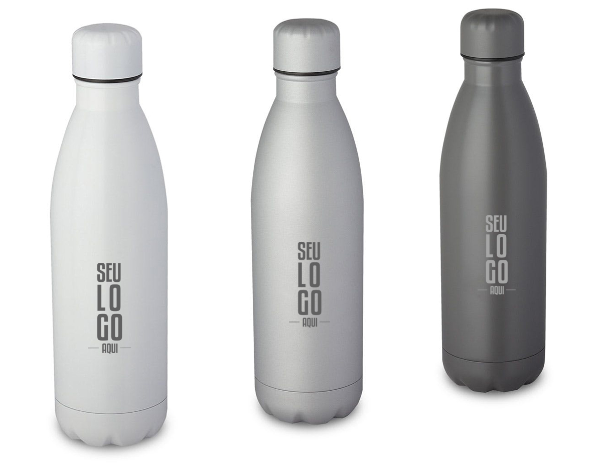 squeeze fosca em aço inox com capacidade de até 750 ml. Tampa rosqueável e anel de silicone para vedação. Design com frisos na tampa.