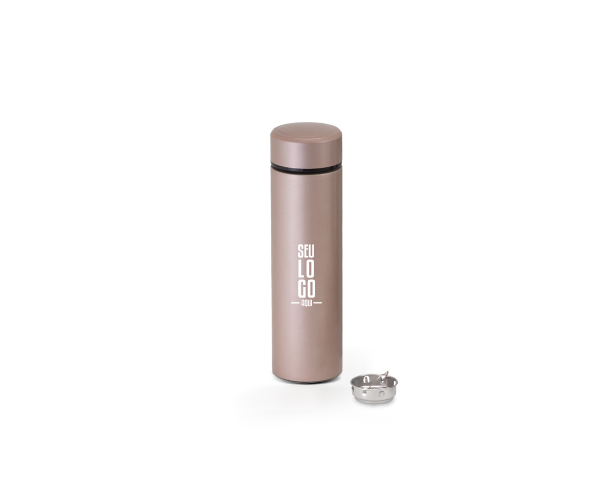 Garrafa térmica 500ml feita em aço inoxidável 316, acompanha infusor de bebidas.