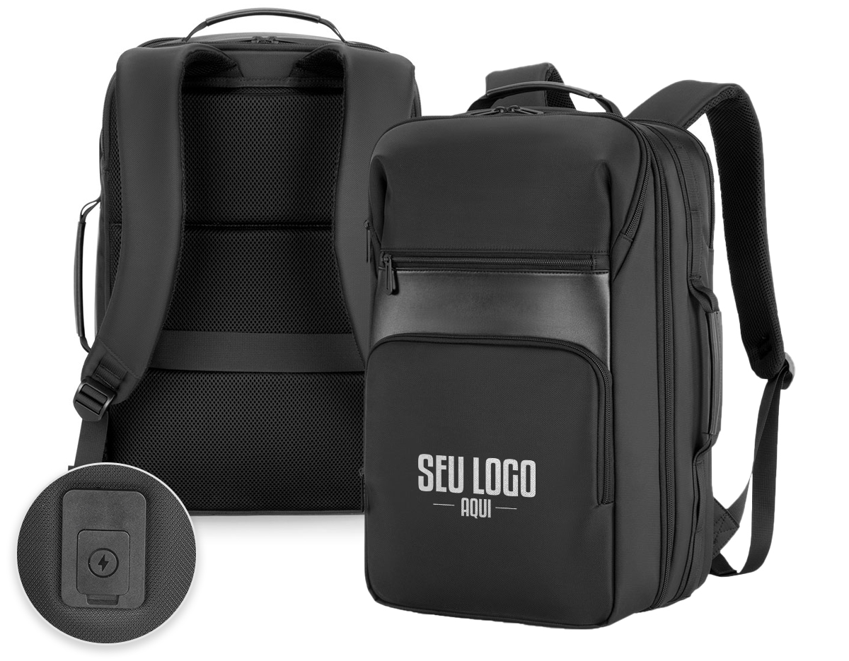 Mochila Premium produzida em tecido de poliéster resistente à água e ao desgaste, alça de ombro acolchoada, aceita notebooks de até 15,6". Design ergonômico, alça de ombro ajustável, possui engate para mala de viagem, bolso frontal com zíper para acesso rápido.