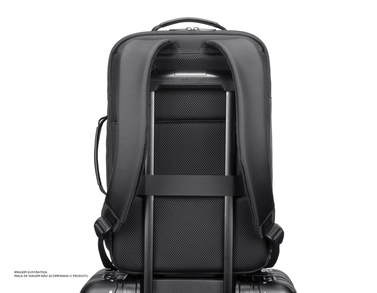 Mochila Premium produzida em tecido de poliéster resistente à água e ao desgaste, alça de ombro acolchoada, aceita notebooks de até 15,6". Design ergonômico, alça de ombro ajustável, possui engate para mala de viagem, bolso frontal com zíper para acesso rápido.