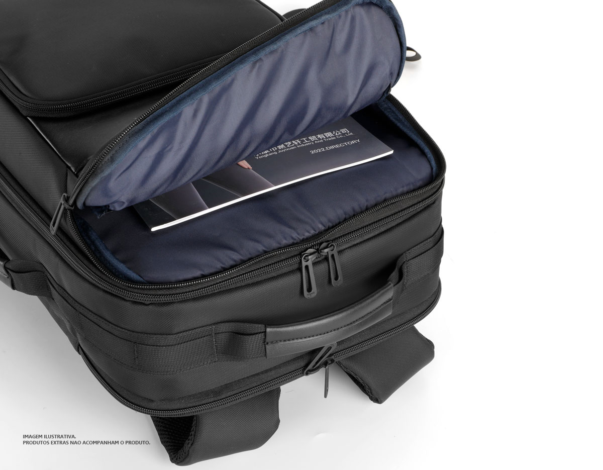 Mochila Premium produzida em tecido de poliéster resistente à água e ao desgaste, alça de ombro acolchoada, aceita notebooks de até 15,6". Design ergonômico, alça de ombro ajustável, possui engate para mala de viagem, bolso frontal com zíper para acesso rápido.