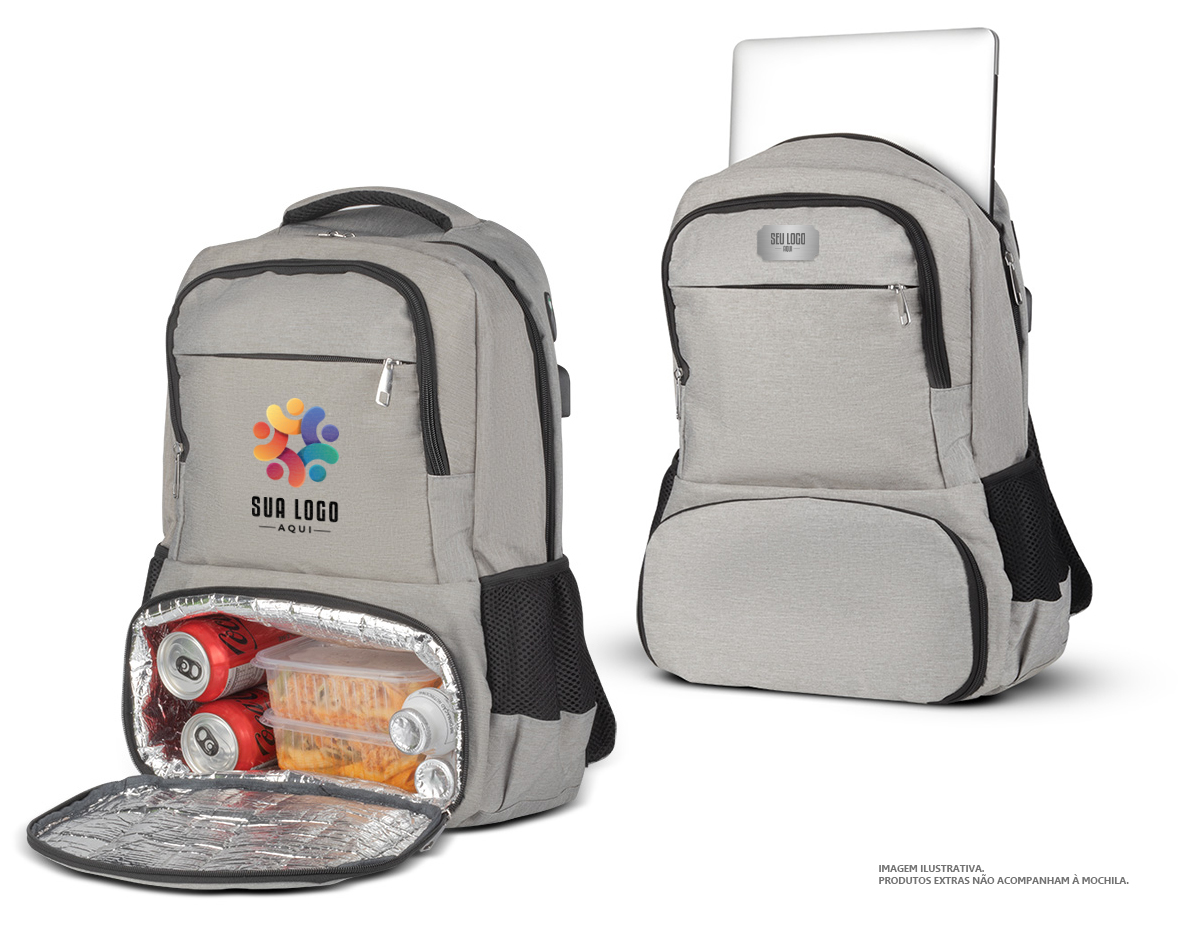 Mochila p/ notebook em tecido PET RECICLÁVEL com compartimento térmico