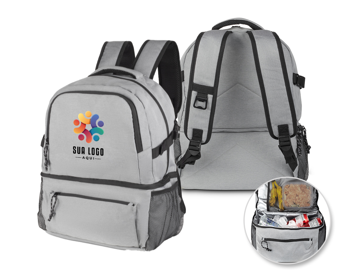 Mochila com compartimento térmico em tecido poliéster.