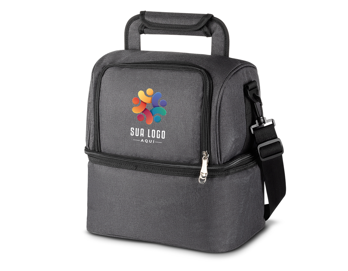Bolsa térmica em tecido poliéster, bolso frontal, alça de mão, alça de ombro regulável com 2 compartimentos térmicos