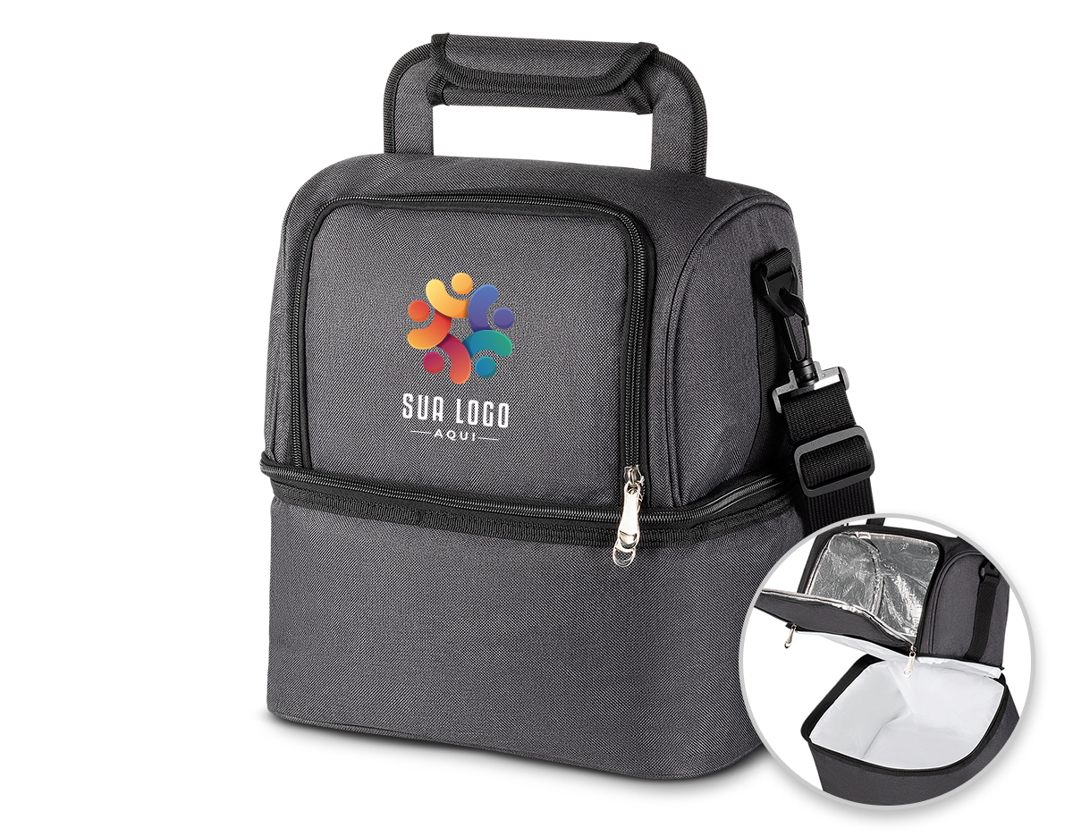 Bolsa térmica em tecido poliéster, bolso frontal, alça de mão, alça de ombro regulável com 2 compartimentos térmicos
