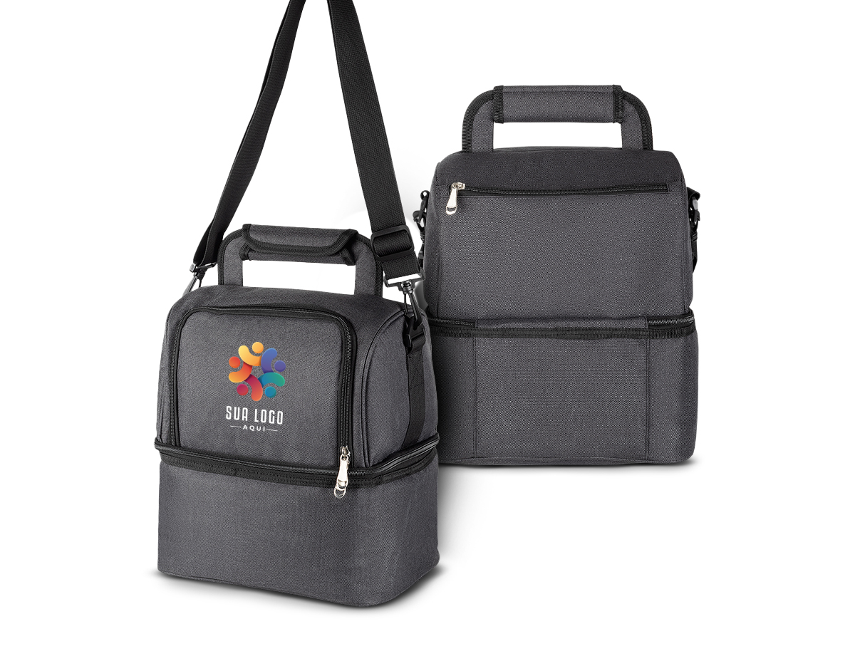 Bolsa térmica em tecido poliéster, bolso frontal, alça de mão, alça de ombro regulável com 2 compartimentos térmicos