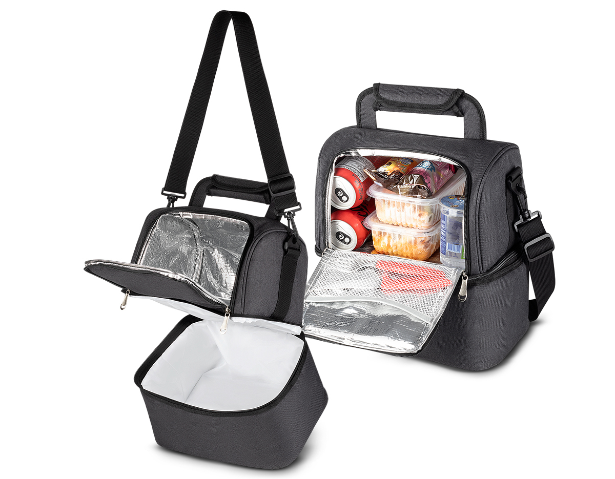Bolsa térmica em tecido poliéster, bolso frontal, alça de mão, alça de ombro regulável com 2 compartimentos térmicos