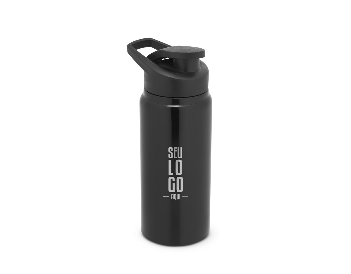Squeeze esportivo em alumínio com parede simples. Tampa com sistema de abertura flip top. Capacidade até 660 mL.