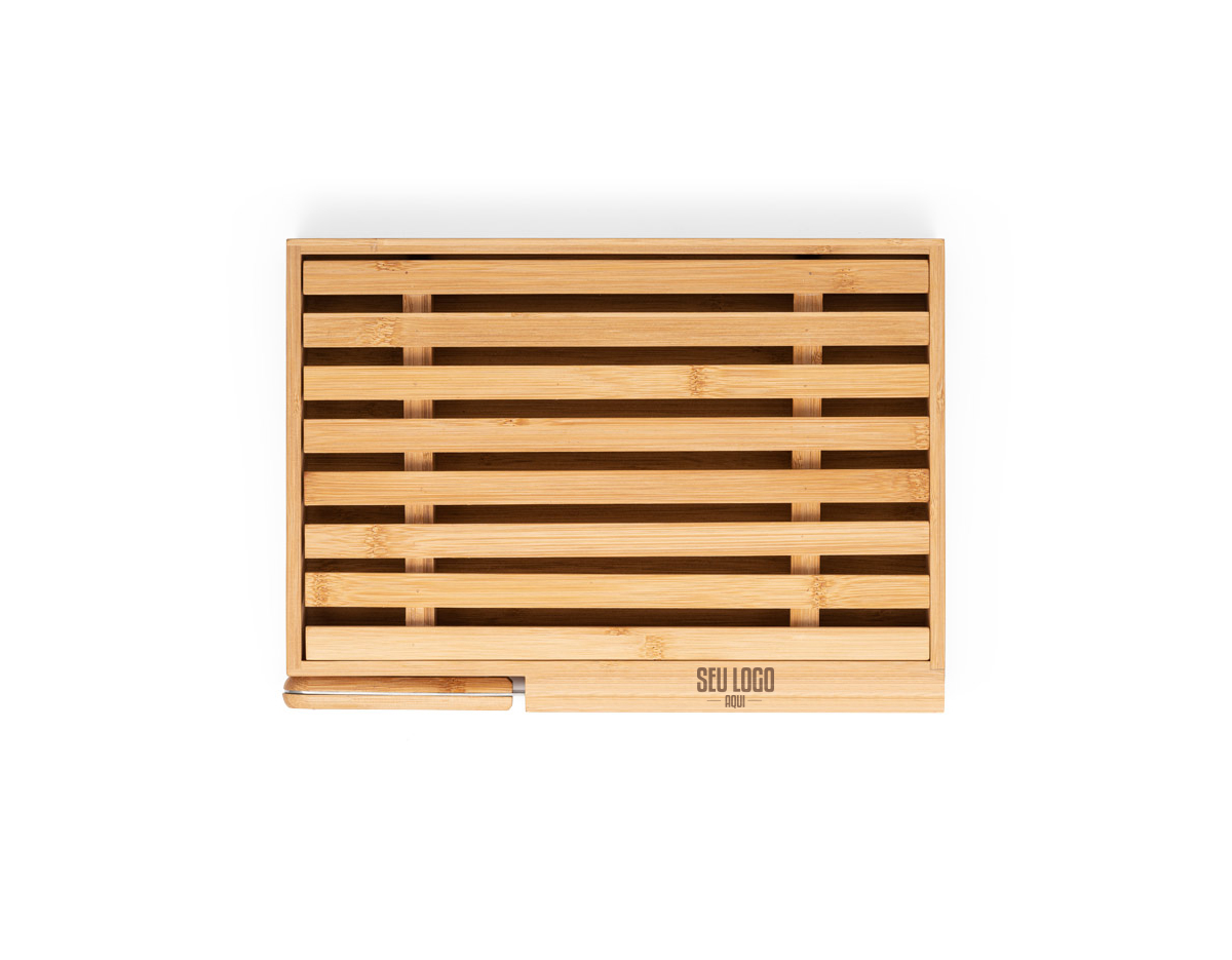 Tábua para pao em bambu com faca em aço inox. Grelha removível para fácil remoção de migalhas